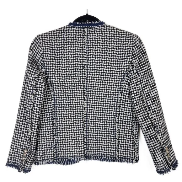 Zara NWOT black white & navy blue houndstooth textured tweed blazer jacket - Picture 4 of 9